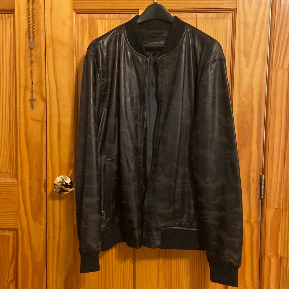 Black “Campaign Black “Leather jackets camo design varsity style jacket.